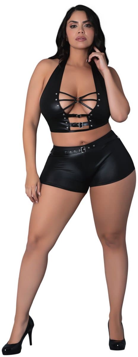 Male Power Sexy Thalia - Haltertop en Shorts met Ringen en Studs - 2X erotisch herenondergoed - Zwart — afbeelding 1