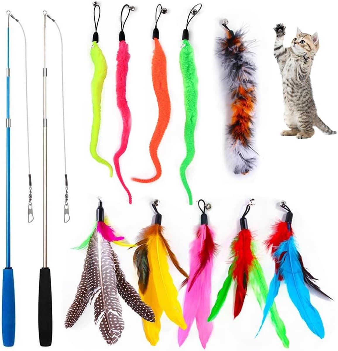 12 stuks speelgoed met veren voor katten, interactief speelgoed voor katten, 2 interactieve toverstaf met 10 navulveren, interactieve vogelveren — afbeelding 1