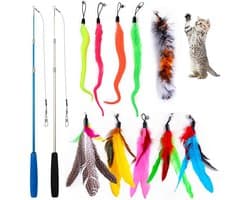 12 stuks speelgoed met veren voor katten, interactief speelgoed voor katten, 2 interactieve toverstaf met 10 navulveren, interactieve vogelveren