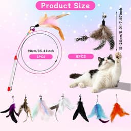 10 Stuks Interactief Kattenspeelgoed met Veren, Meerkleurig Speelgoed voor Katten 90 cm, Flexibele Kattenhengelset met 2 Hengels en 8 Hangers met Veren met Belletjes voor Katten — thumbnail 4