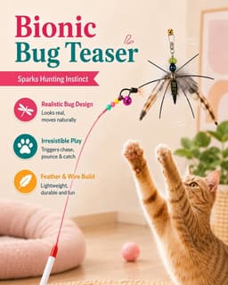 1 kattenhengel + 2 reservekoppen – insectennep en bloem met veren, natuurlijke veren met belletjes, wekt het jachtinstinct, ideaal voor interactief spel en beweging met je kat — thumbnail 3