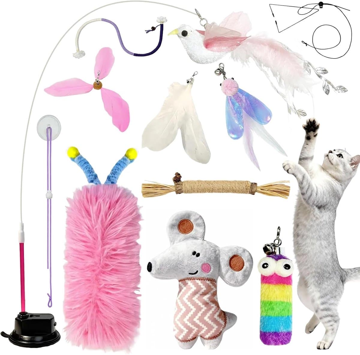 7-in-1 interactief kattenspeelgoed, zelfbezigheid, kattenhengel met wasbare zuignap, hangend kattenspeelgoed, kattenkruidstok en kauwtouw, kauwspeelgoed, veer roze — afbeelding 1