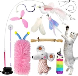 7-in-1 interactief kattenspeelgoed, zelfbezigheid, kattenhengel met wasbare zuignap, hangend kattenspeelgoed, kattenkruidstok en kauwtouw, kauwspeelgoed, veer roze — thumbnail 1