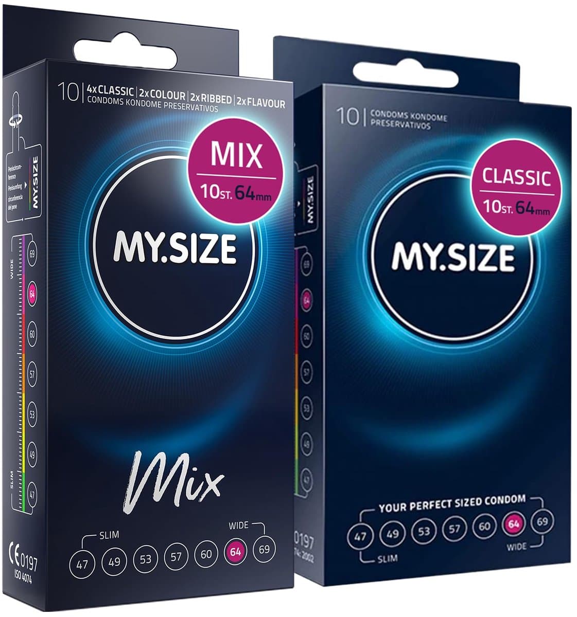 MY.SIZE Mix SET Maat 6, 64 mm: 10 Classic + 10 Condooms in 4 spannende soorten, met aroma, kleur, genopt & Classic — afbeelding 1