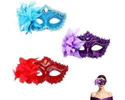 Set van 3 Venetiaanse maskers - halve gezichtsmaskers - blauw paars rood met bloemen en kant - ShopVlot