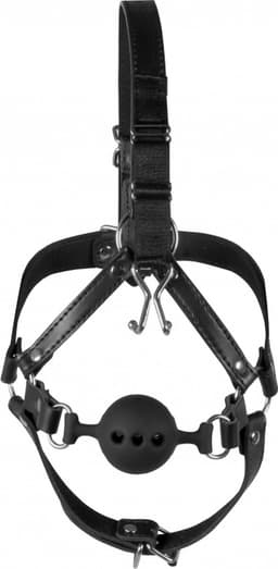 Hoofdharnas met ademende ball gag en neus haken - Zwart — thumbnail 2