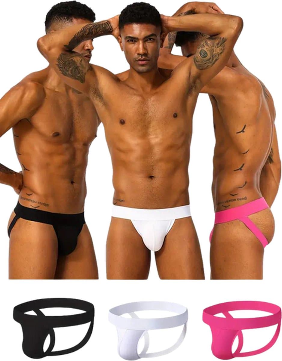 LekkerStout 3-Pack Jockstraps - Zwart/Wit/Roze - Sexy Herenondergoed | L | ( LS182 ) — afbeelding 1