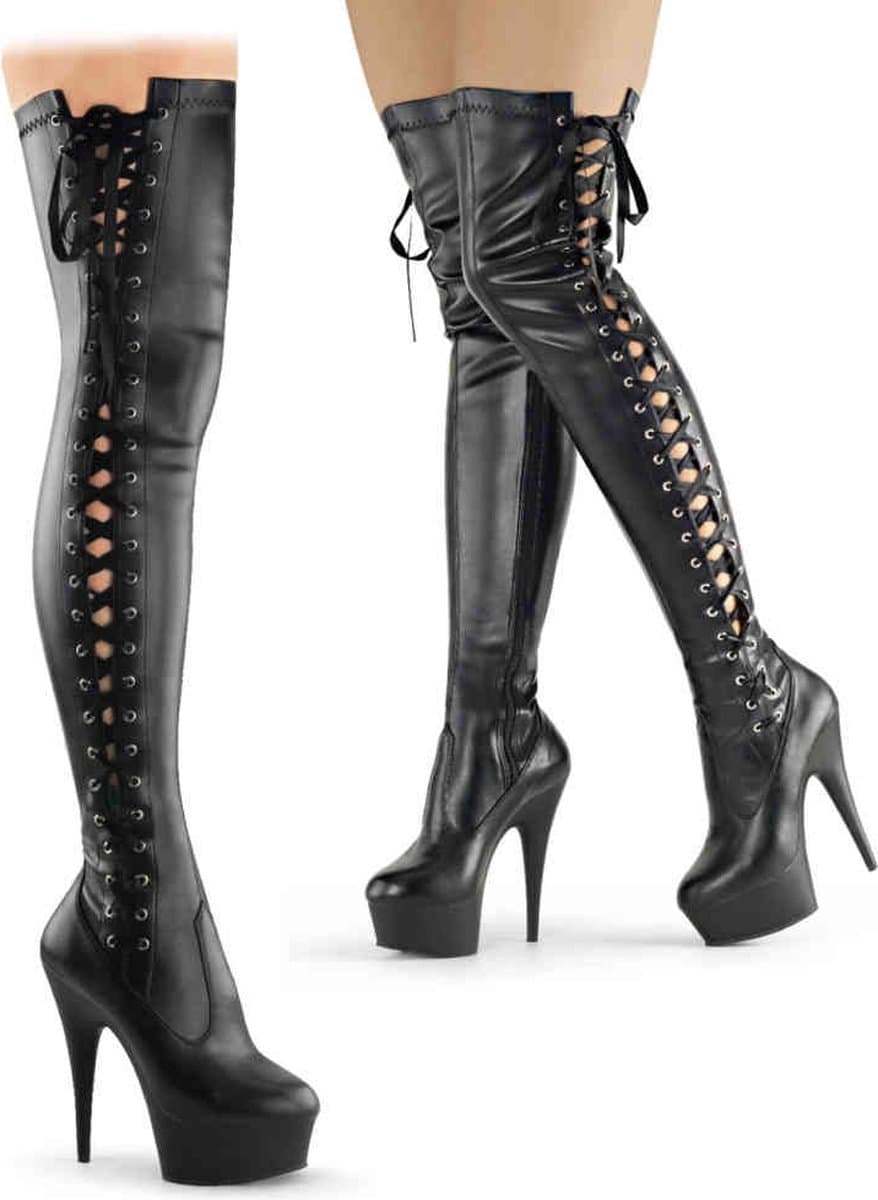 EU 44 = US 13 | DELIGHT-3050 | 6 Heel, 1 3/4 PF Thigh Boot w/Side Ribbon Lace, Side Zip — afbeelding 1