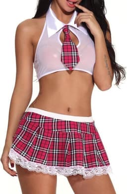 Sexy school uniform - Sexy Schoolmeisje Outfit - Sexy Schoolmeisje Kostuum - Sexy Schoolmeisje Lingerie Set - Wit/Rood — thumbnail 3