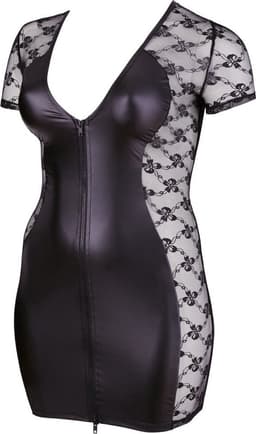 Cottelli Plus Size – Sexy Wetlook Mini Jurk met Transparante Zijstukken voor Optimaal Verleidelijkheid – Maat 2XL – Zwart — thumbnail 3