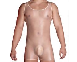 Ultra dunne transparante heren jumpsuit - Elastisch - Verleidelijke erotische kleding - Mannen bodysuit - One size - Glanzend - Doorzichtig - Korte suit