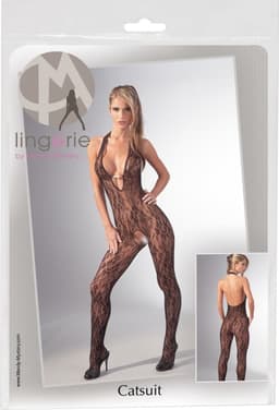 Mandy Mystery Lingerie –  Catsuit Open Kruis met Kanten Motief en Lage Decolleté voor Spanning – Maat S/M – Zwart — thumbnail 3
