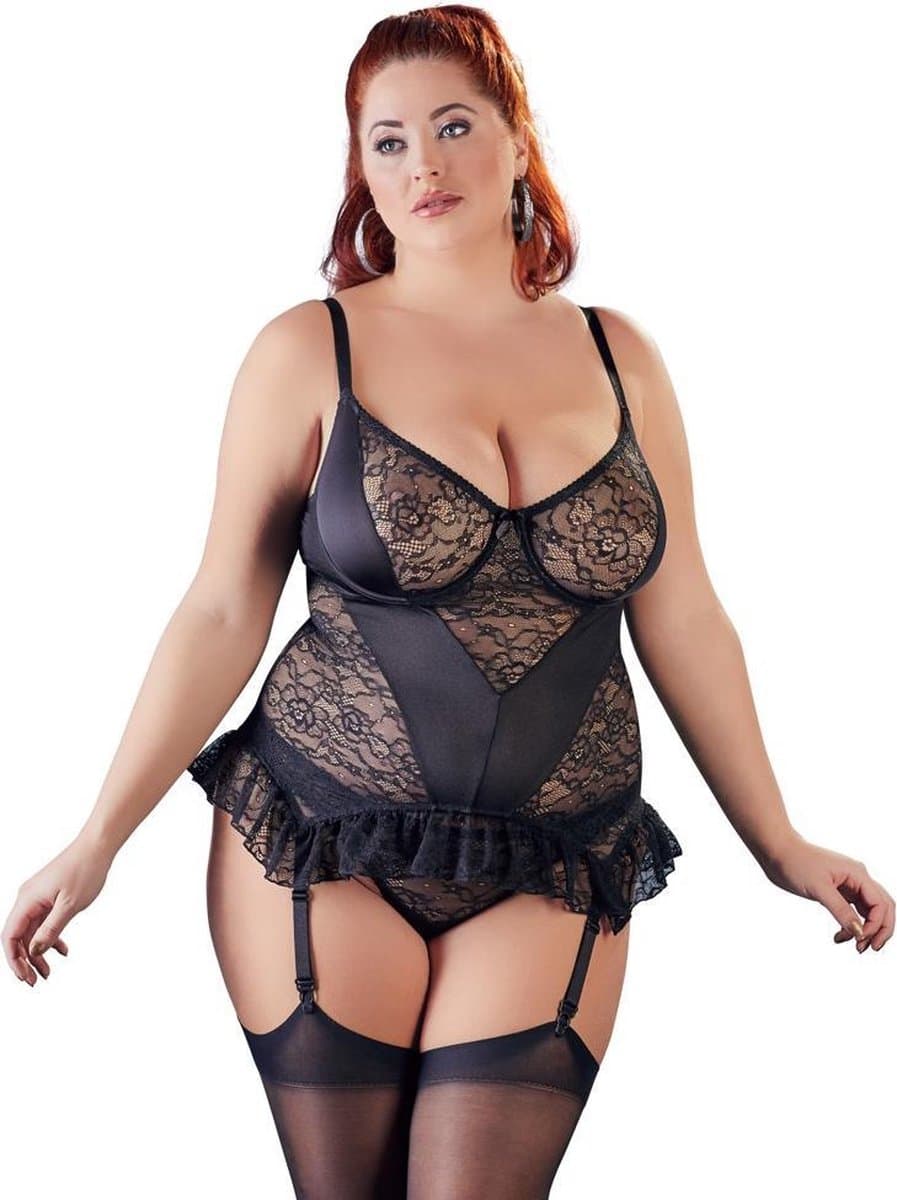 Cottelli Plus Size – Semi Transparante Body Jarretel Set met Lichte Ruches voor Spannende Avonden – Maat 95D/2XL – Zwart — afbeelding 1