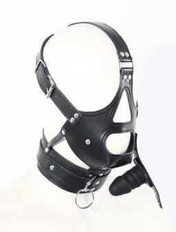 Adultshop - Luxe PU Leder Collar Masker met Ingebouwde Gag - Volledig Verstelbaar BDSM Hoofdharnas in Zwart — thumbnail 1