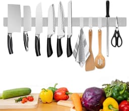 [Verbeterde 60 cm] Trhillsbrad magneetstrip mes, 60 cm messenhouder magnetisch met 3 haken roestvrij staal messenlijst zelfklevend, zilverachtig wandhouder magneetstrip zonder boren — thumbnail 1