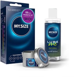 Voordeelverpakking MY.SIZE-condooms 69 mm, pak van 10 + MY.SIZE natuurlijk glijmiddel 100 ml + MY.SIZE-massagekaars — thumbnail 1