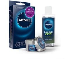 Voordeelverpakking MY.SIZE-condooms 69 mm, pak van 10 + MY.SIZE natuurlijk glijmiddel 100 ml + MY.SIZE-massagekaars