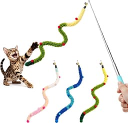 Kattenspeelgoed Angel set van 3, interactief speelgoed voor katten en kittens, zachte pluche speelstaaf met klokken en pompons, kattenvissen voor binnen, jacht- en jachtspeelgoed — thumbnail 2