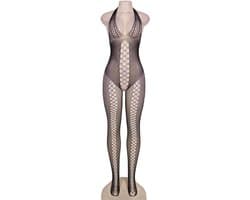 Sexy Lingerie - Erotische Catsuit Open kruis en blote rug - Jarretel met Netkousen - Bodysuit - Bodystocking - Visnet - Sexy Teddy - Fishnet - Erotiek - Valentijnsdag Cadeau Voor Hem & Haar - Zwart - PLUS SIZE - Maat L-XXL