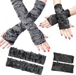 2 paar armwarmers, vingerloze handschoen, lange vingerloze handschoenen, goth-armmouwen, handschoenen met duimgaten voor dames, meisjes, Halloween-kostuum, Zwart, 1 — thumbnail 2