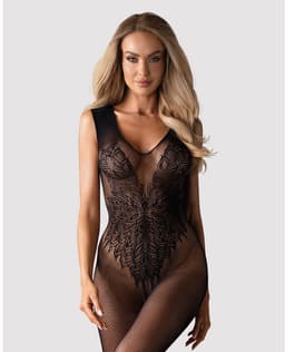 LekkerStout Transparante Jacquard Catsuit - Open Kruis - Zwart - Sexy Lingerie | S-L | ( LS099 ) — thumbnail 5