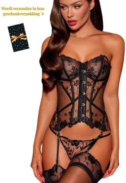 Luxe Lingerieset Dames – Sexy Lingerie – Erotische Lingerie Set – Corset Lingerie met Jarretels en Kousen – Transparante Kant – Strapless & Transparante Bandjes – 4-delige Set – Zwart Kant – Chique Boudoir Lingerie – Dare to Undress – XS, S, M — thumbnail 1