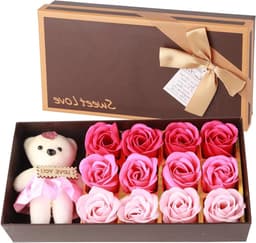 Bloemen Zeepboeket - Kunstbloemen Cadeau - Romantisch Geschenk - Met Knuffelbeer - 160g - Roze — thumbnail 1