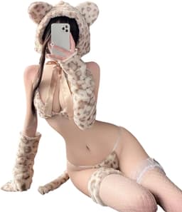 Sexy Luipaard Lingerie Kostuum - 5-delig Bruin, Beige en Wit Verkleedpakje - Bralette, String Met Staart, Dijband, Muts, Armwarmers - Kawaii / Anime / Rollenspel / Roleplay / Cosplay - Lingerie Ondergoed voor Dames - One Size — thumbnail 3