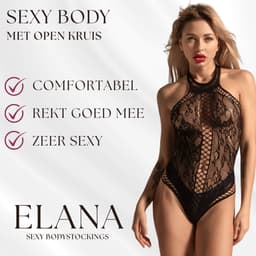 Elana Renelle Lingerie Body Dames – One Size – Kanten Body met Open Kruis – Haltermodel – Zwart — thumbnail 2