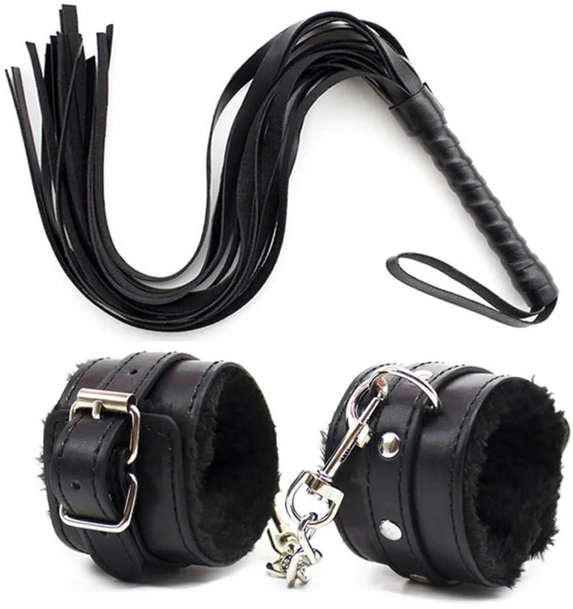 Handboeien en Zweep Set Zwart Leer - Gevoerde Polsboeien met Flogger - BDSM Starter Kit - Bondage Accessoires Set - One Size - Fetish Set - La Nuita — afbeelding 1