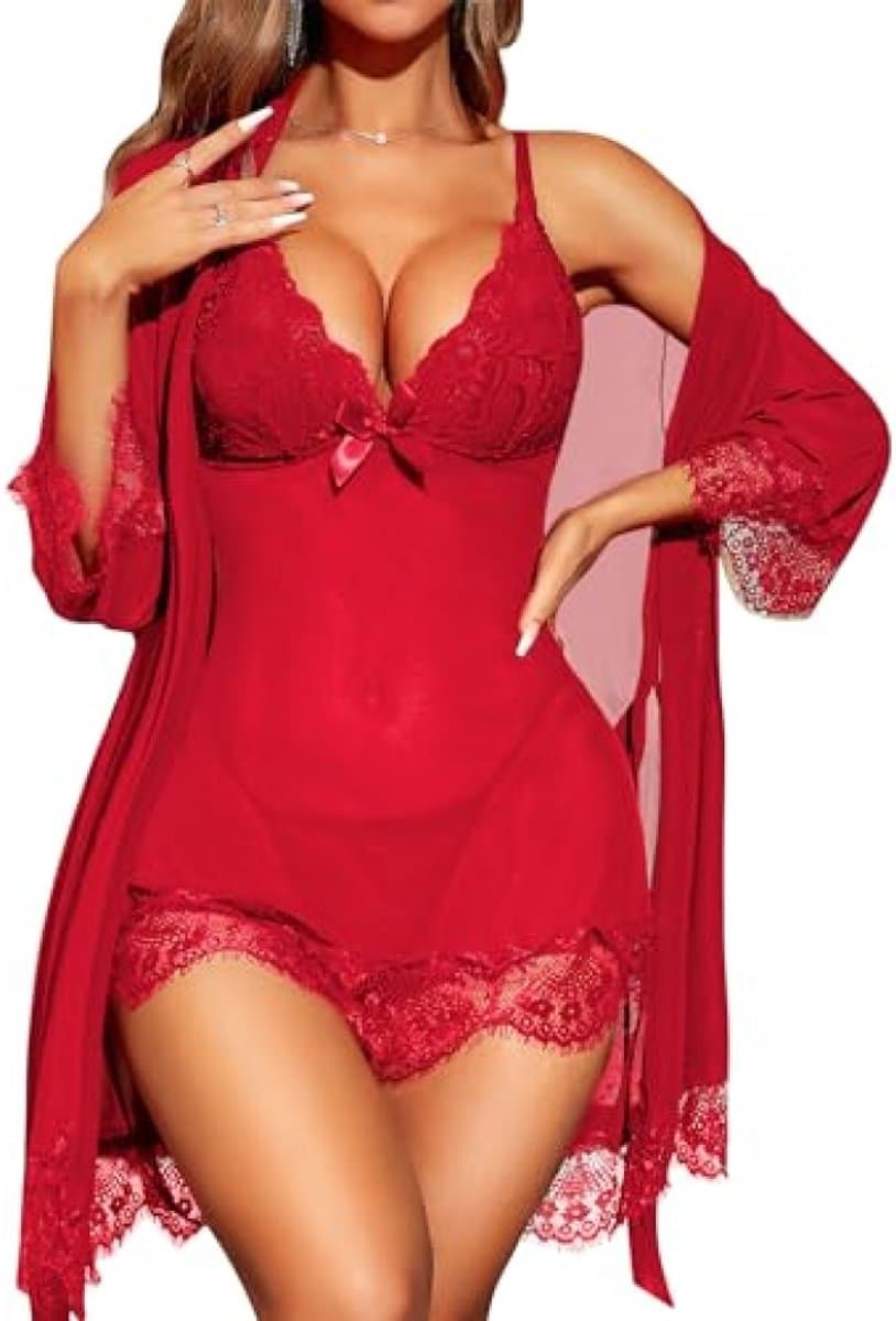 Dames babydoll nachtkleding set - Rode kant lingerie met strik - XXL — afbeelding 1