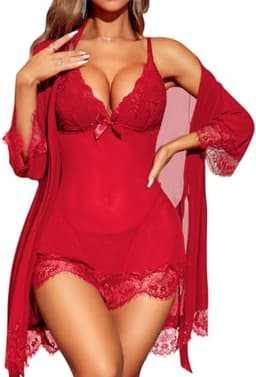 Dames babydoll nachtkleding set - Rode kant lingerie met strik - XXL — thumbnail 1