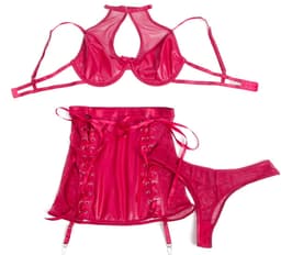Zeloria PU Leren Lingerie Set met Rokje en Jarretelles – Halter Lingerie Set Dames – Rood – S — thumbnail 3