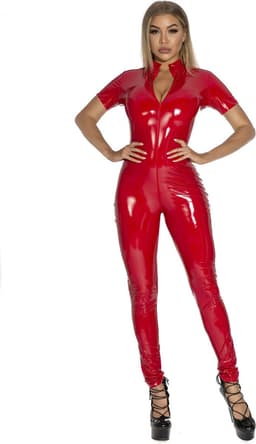 Wetlook SM Jumpsuit Red - Domina - Mooi design - Hoogwaardige kwaliteit - Leatherlook - Sexspelletjes voor mannen en vrouwen - Spandex - Spannend voor koppels - Wetlook - Erotische kleding - Lingerie erotisch - Lingerie body sexy - Erotiek — thumbnail 1