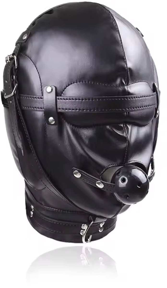 Masker Met Gagbal En Halsband - BDSM - Zwart - Blinddoek - Hoofdmasker - PU Leer — afbeelding 1