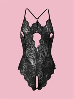 Vrouwelijke Sexy Teddy met Bloemenkant – Diepe Halslijn – Halter – Open Rug – Open Kruis – Verleidelijke Lingerie – Size S — thumbnail 4