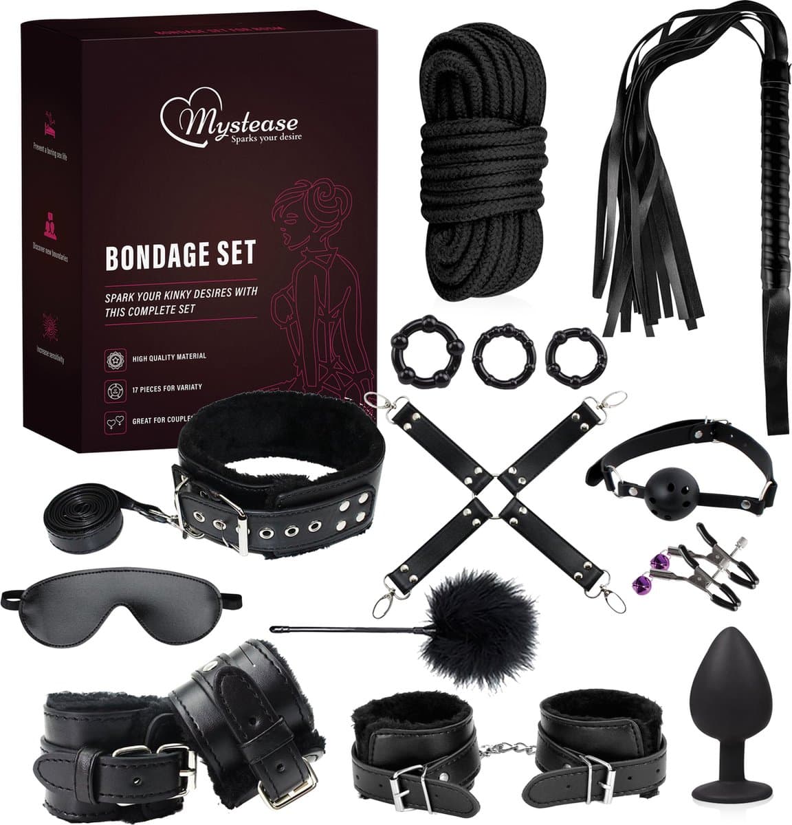 Mystease BDSM Extreme voor Mannen en Vrouwen - Bondage Set 17 Delig - Seksspeeltjes met Buttplugs & Handboeien - Mystease Sex Toys Koppels — afbeelding 1