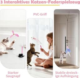 7-in-1 interactief kattenspeelgoed, zelfbezigheid, kattenhengel met wasbare zuignap, hangend kattenspeelgoed, kattenkruidstok en kauwtouw, kauwspeelgoed, veer roze — thumbnail 5
