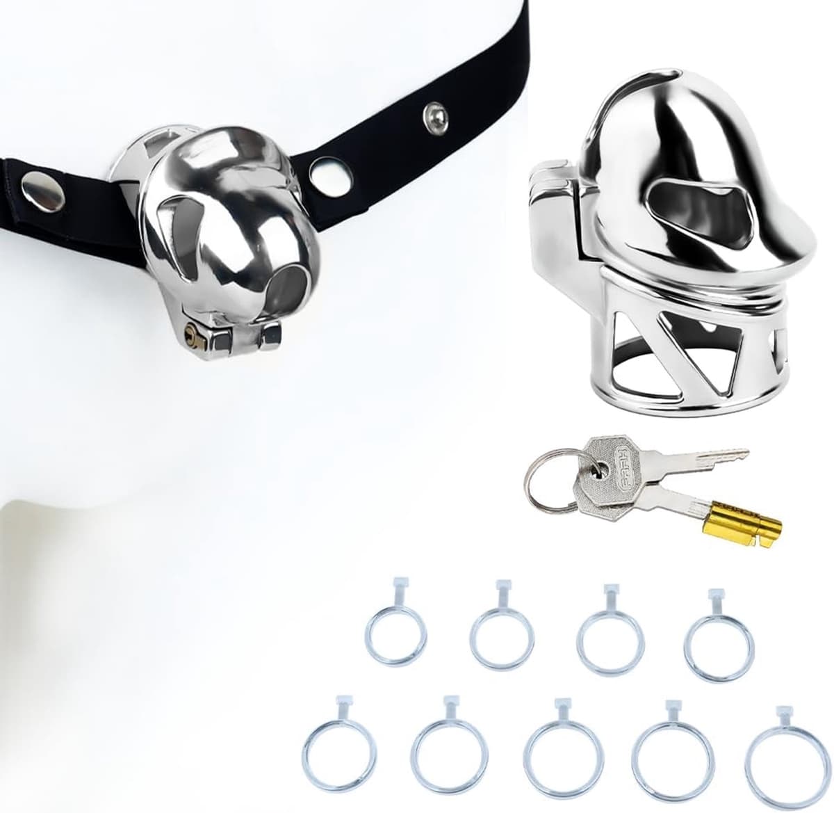 Cage voor mannen met 9 ringen en 2 sleutels, ademend, met riem — afbeelding 1