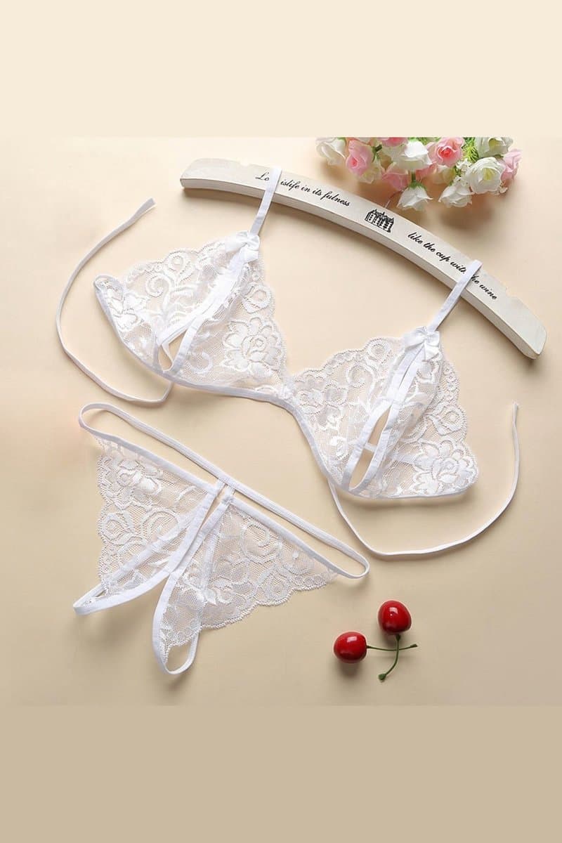 La Nuita Witte Kanten Bh Set Dames - Open Cup Bralette met Strappy Bandjes en String - Elegante Tweedelige Lingerie (S t/m XL) — afbeelding 1