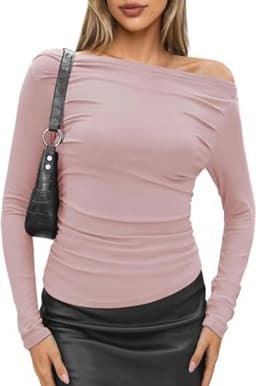 Women's Long-Sleeved Shirt Elegant Stretch Slim Fit One Off Shoulder Top Long Sleeve T-Shirts Crop Top Off Shoulder Asymmetric Y2k Tight Tops Sexy — thumbnail 2