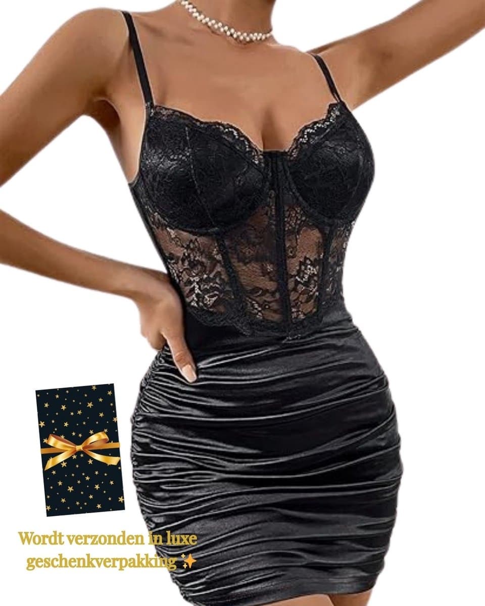Sexy Zwarte Jurk Dames – Sexy Lingerie – Erotische lingerie – Lingerie Erotisch – Kant & Satijn Bodycon Jurk – Boudoir Lingerie Look – Corset Jurk – Madam Hommard – Clubwear – Festival Verleidelijke Mini Dress – Dare to Undress – Maat XS, S, M, L, XL — afbeelding 1