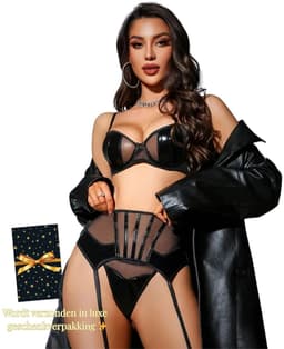 Sexy lingerie Set – Erotische Lingerie Dames – Zwart – Luxe Jarretelset met BH, Slip en Jarretels – Lak & Mesh Lingerie Erotisch Dames – Latex – PU – Kinky – Clubwear – Boudoir Lingerie – 3-delige set – Dare to Undress – Maat XS/S, M & L — thumbnail 1