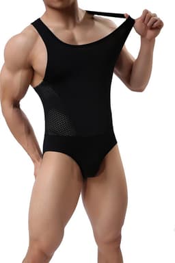 Heren Strakke Ondergoed Jumpsuit Vest Bodysuit Zwart — thumbnail 2