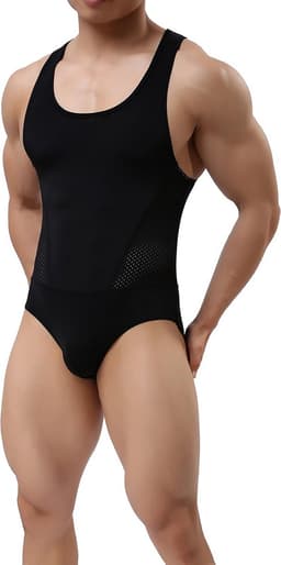 Heren Strakke Ondergoed Jumpsuit Vest Bodysuit Zwart — thumbnail 1