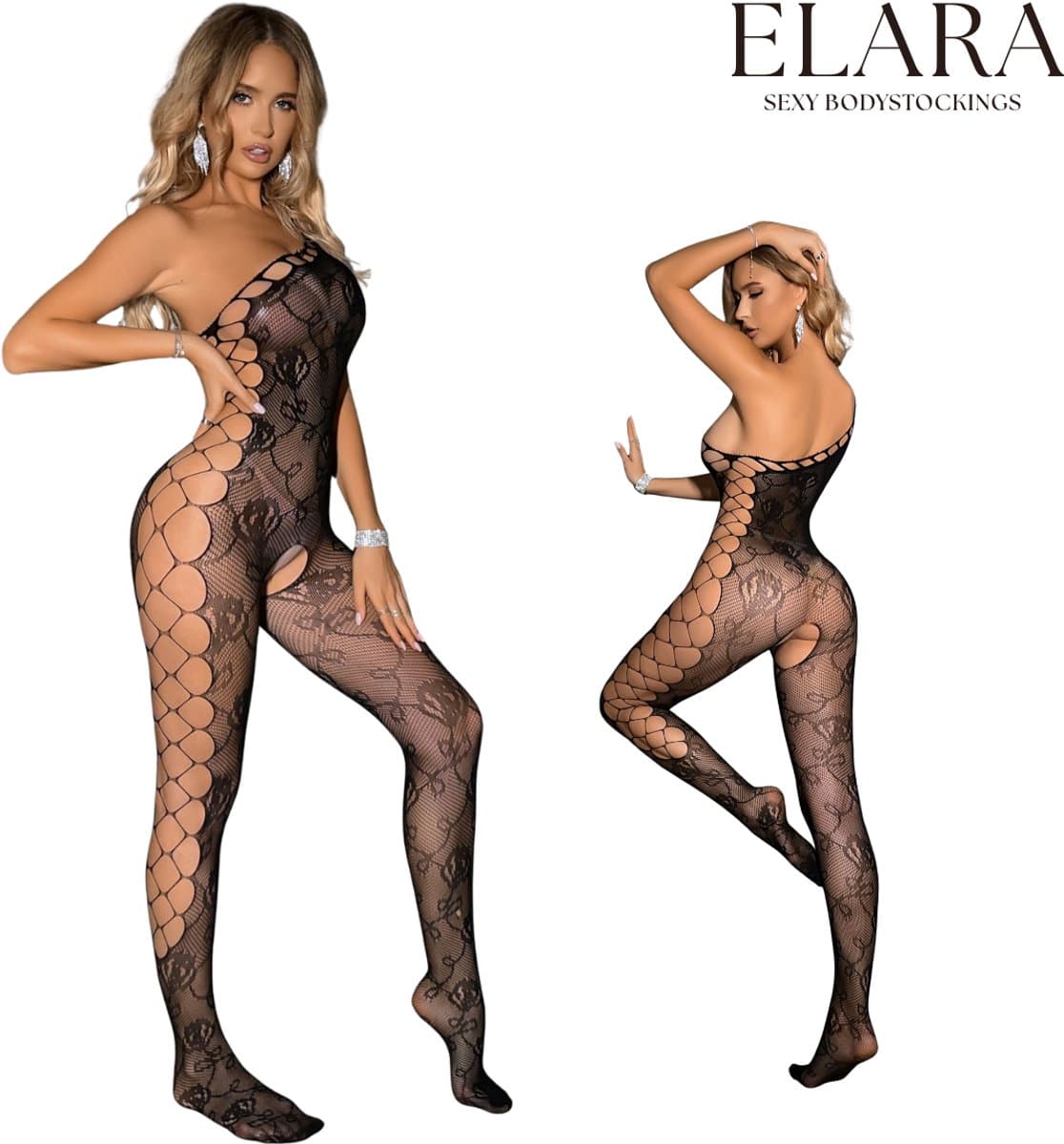 Elara - Solena - Bodystocking Erotische Lingerie met Open Kruis - Catsuit - S t/m XL - Sexy Dames Lingerie - Zwart — afbeelding 1