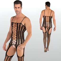 LekkerStout Heren Jarretel Bodystocking - Zwart - Visnet Herenlingerie - One Size S-XL | LS143 — thumbnail 1