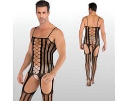 LekkerStout Heren Jarretel Bodystocking - Zwart - Visnet Herenlingerie - One Size S-XL | LS143