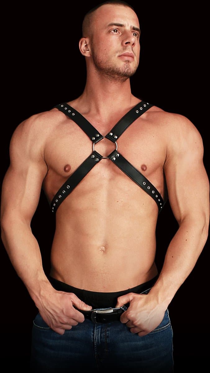 Ouch! Adonis Leren Halter Harnas voor Torso in Kruis Vorm Mannelijke Uitstraling - Zwart — afbeelding 1