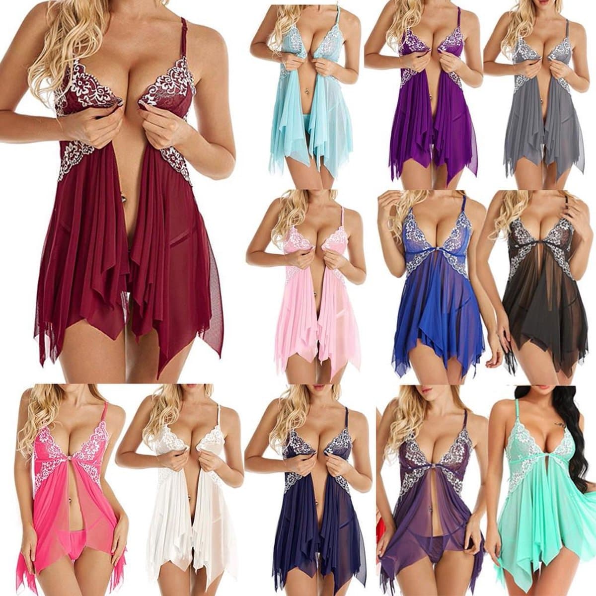 Super Sexy nachtjurk+ string - babydoll jurk- babydoll nachtjapon van kant versierd met bloemetjes patroon-babydoll nachtjapon-- babydoll lingerie — afbeelding 1